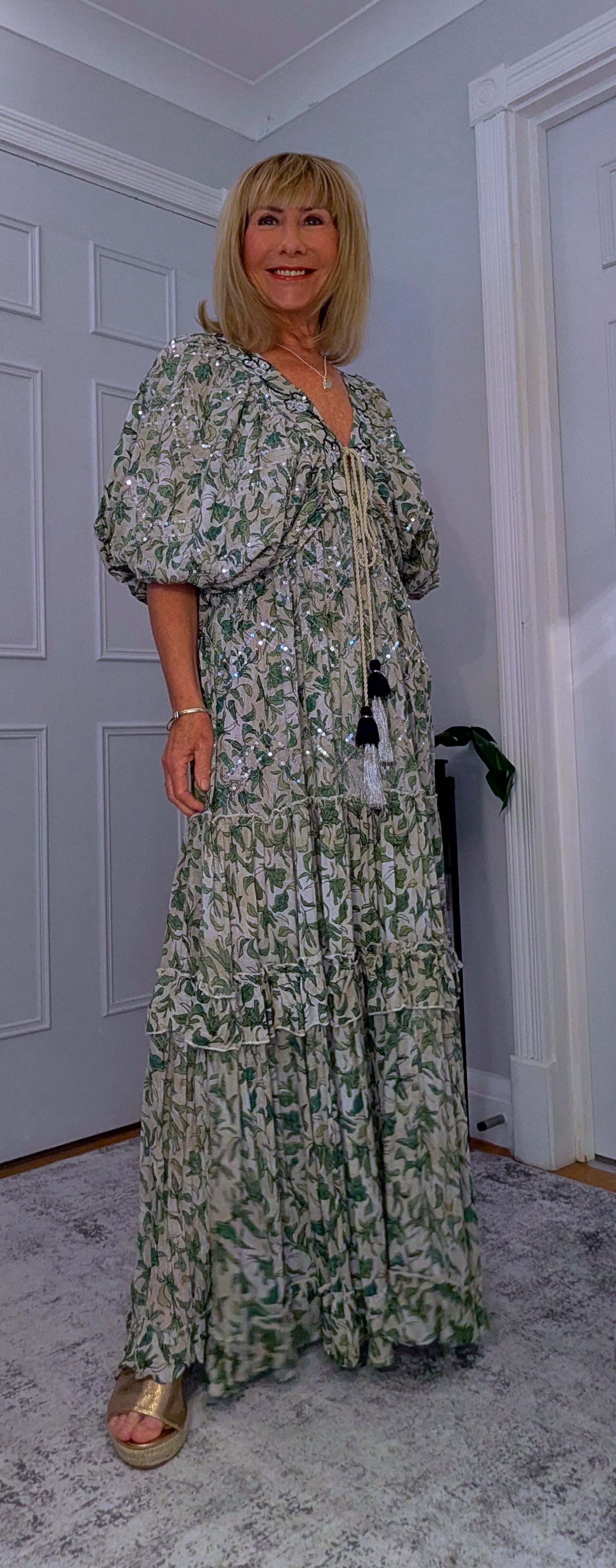 Delphi Embroidery Boho  Maxi Dress In Ecru  or Green Tassel Ties