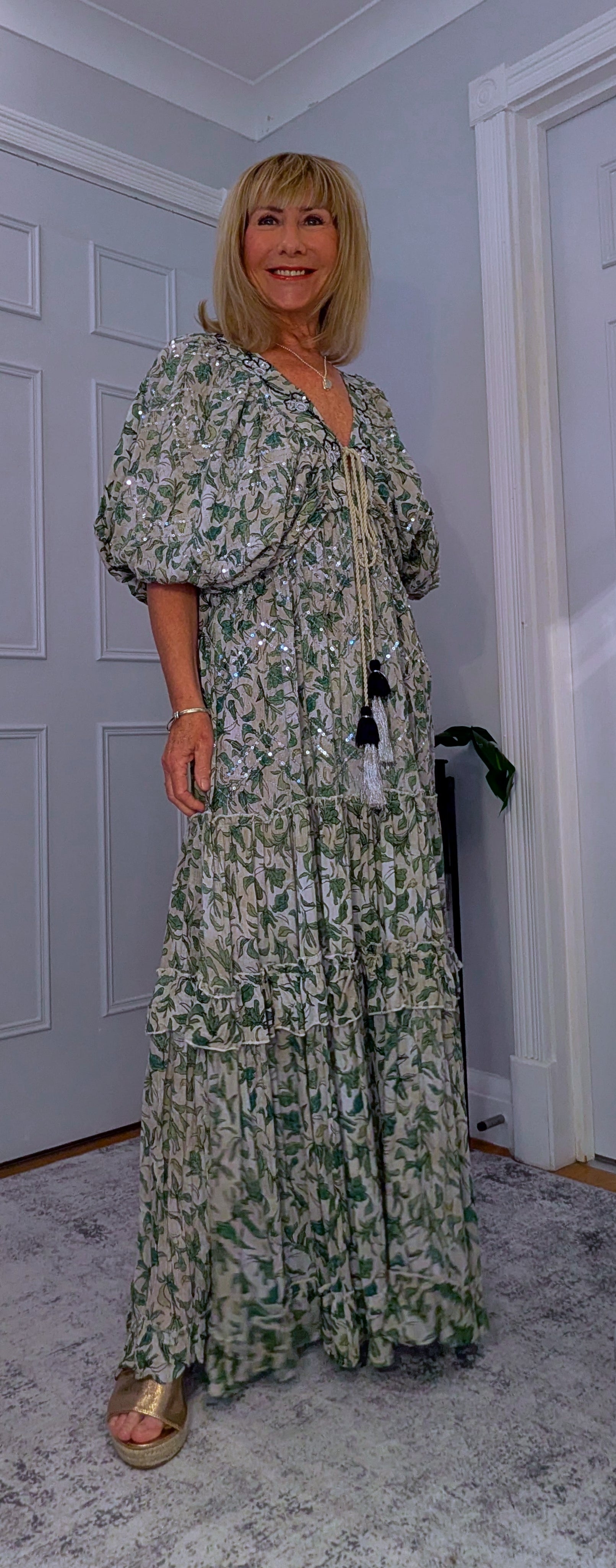 Delphi Embroidery Boho  Maxi Dress In Ecru  or Green Tassel Ties
