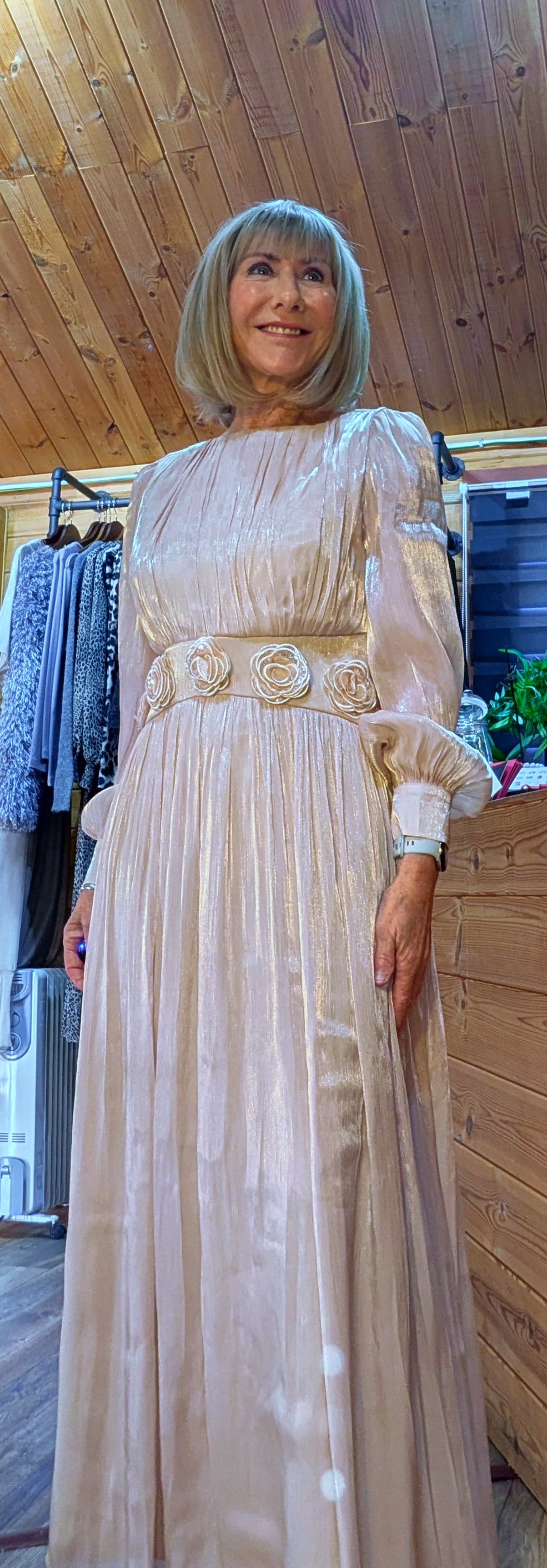 Occasion maxi dress with 3D flowers and fitted waist
