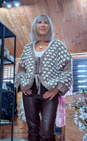 Lara Chunky Oversized Cardigan – Camel with White Embroidery Bobbles