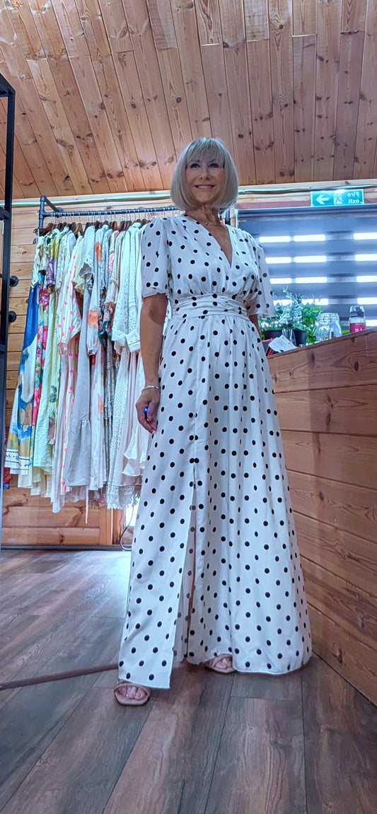 Anya white satin polka dot maxi dress with front split