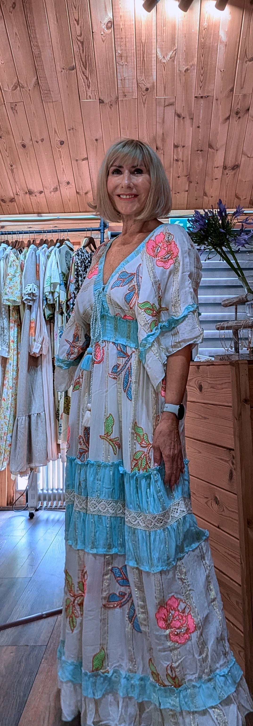 Side view of the Lucy floral maxi dress, available in UK sizes 8 to 14.