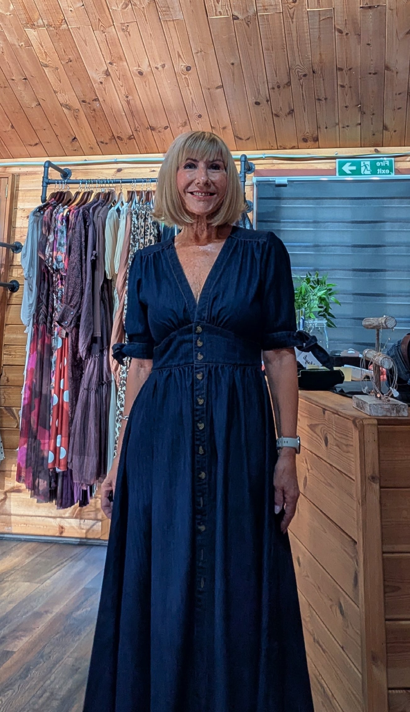 Denim cottage core denim midi dress with tie sleeves 