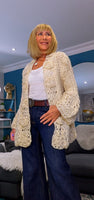 Dolly Grey Or Cream  Chunky Knit Cardigan – 3D Flower Border & Pagoda  Sleeves