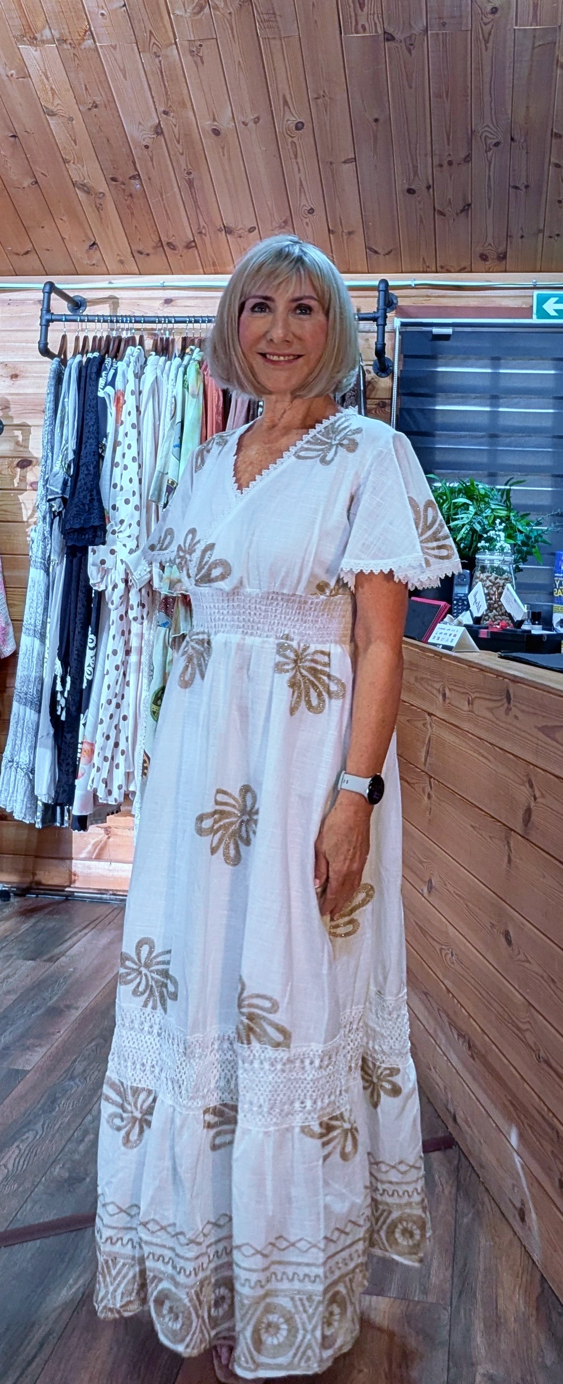 White Cotton With Gold Embroidery Maxi Dress