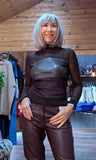 Marla Sheer Fitted Top – Faux Leather Bust Panel - High Neck- Black or Chocolate