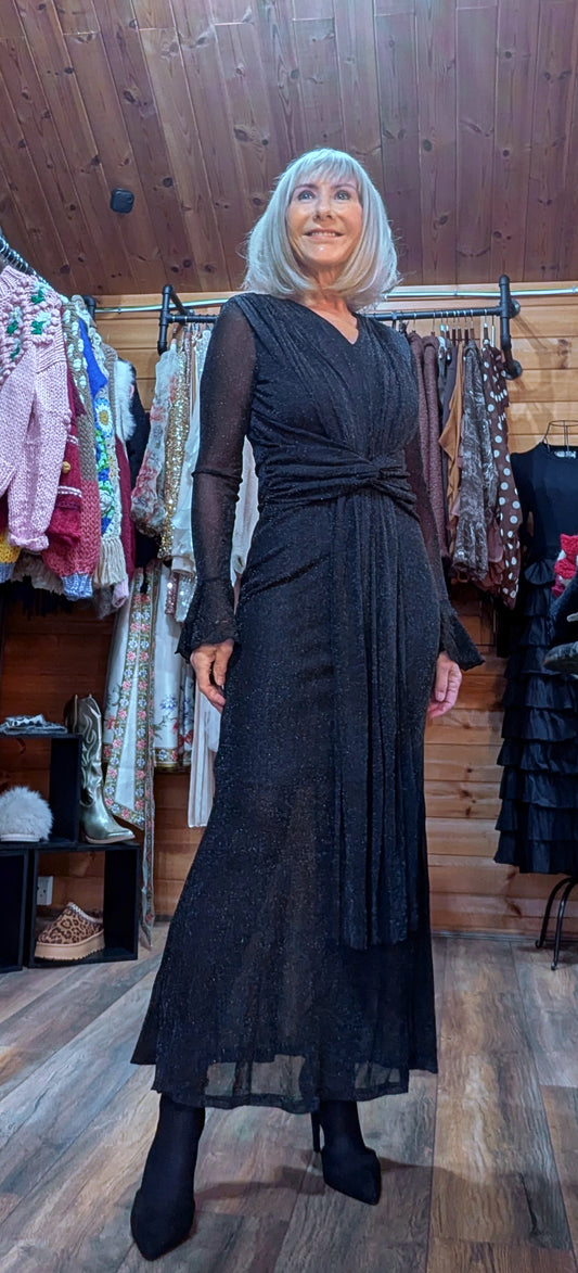 Shirley Black Glitter Mesh Dress – Draped Midi