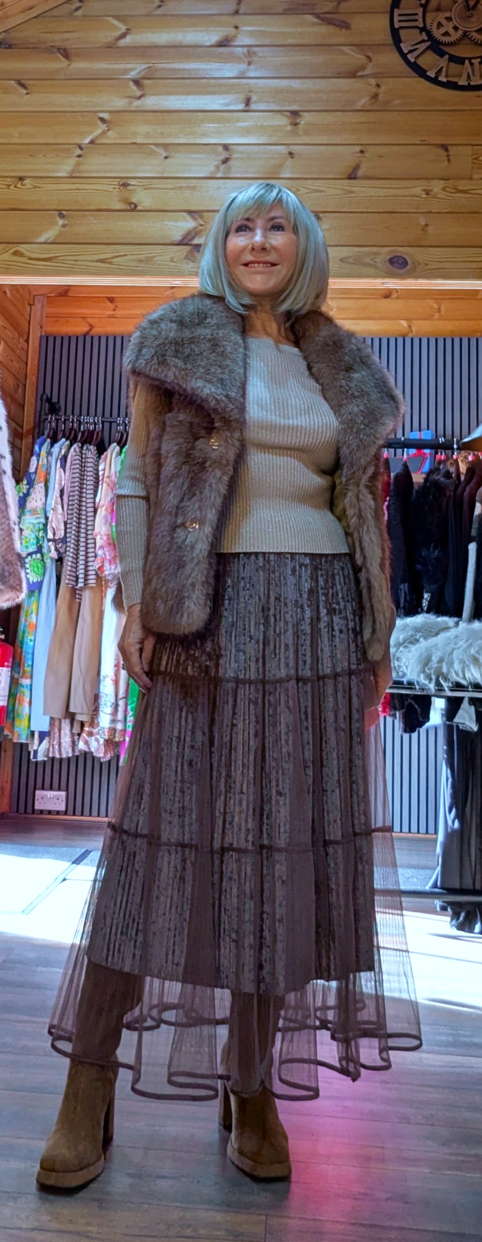 Rula Crew -Neck Fitted Sweater – Soft Knit with Gold Shimmer Coco Collared Faux Fur Gilet –Taupe/Soft Beige