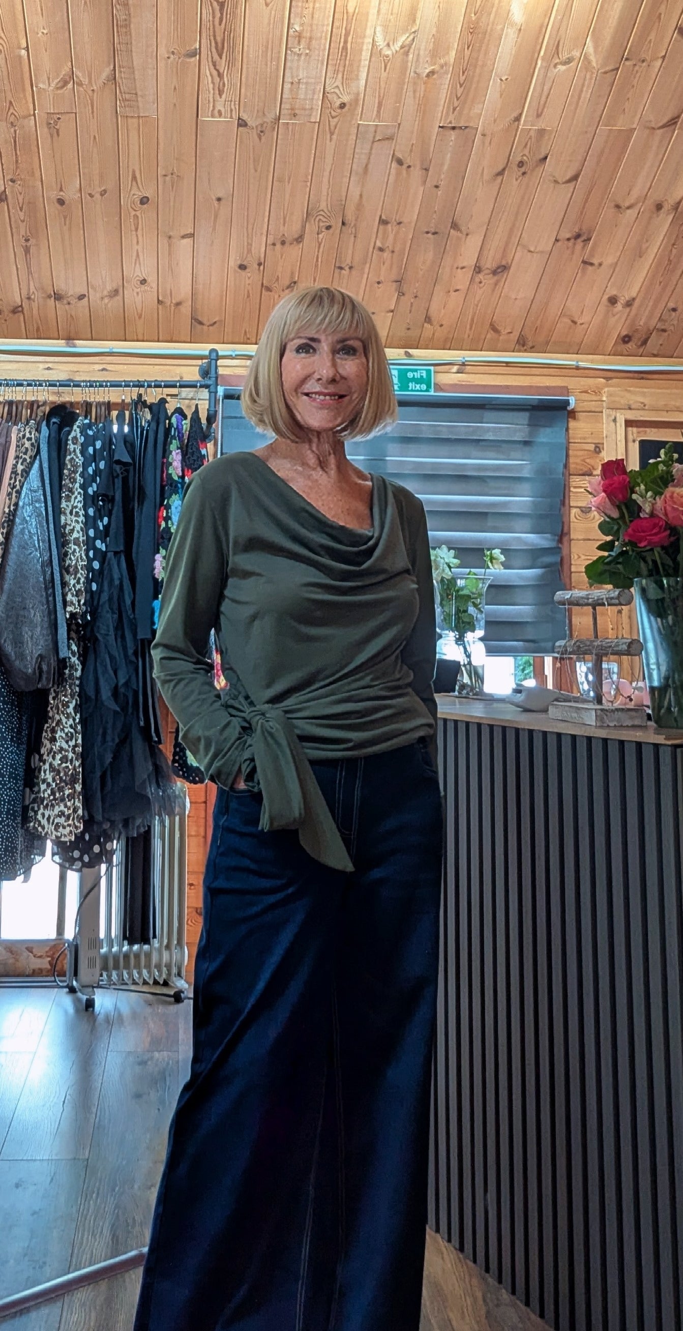 Freya khaki asymmetric top with flattering draped front
