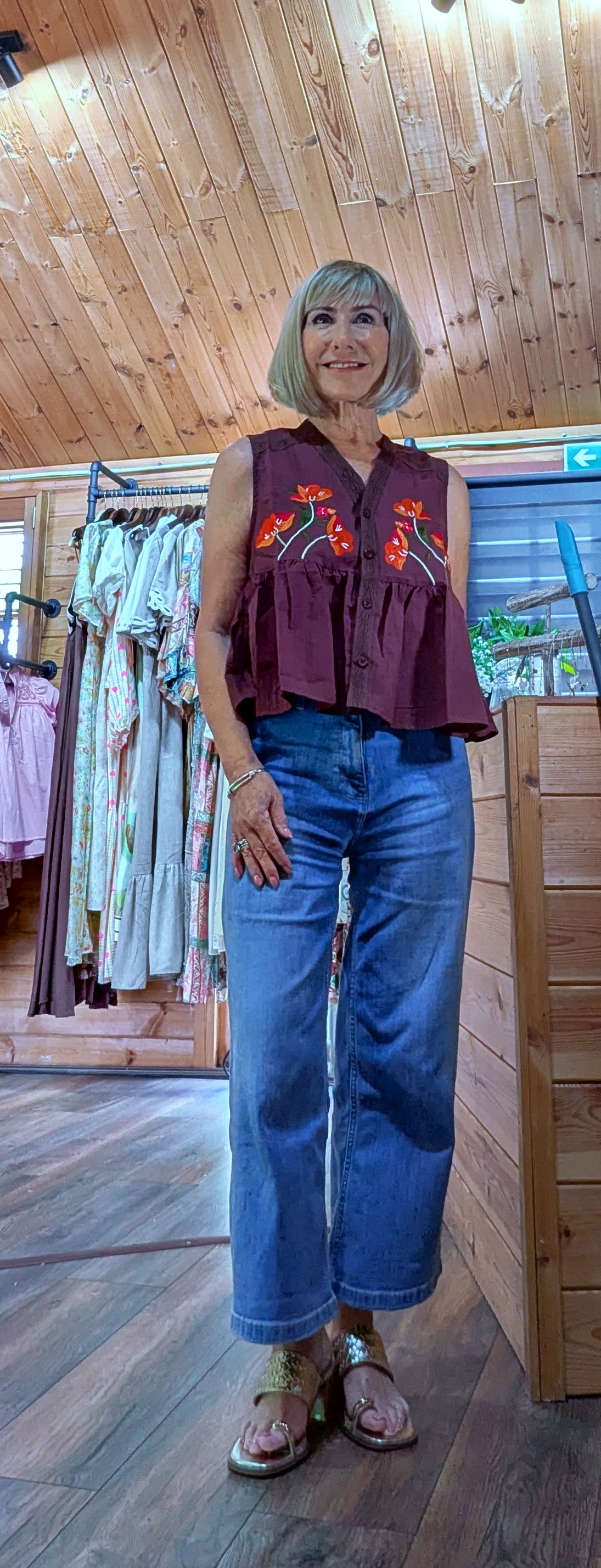 Penelope Embroidered Cotton Blouse styled with jeans and sandals