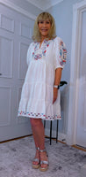 Bo Smocked Linen Cotton Dress – White with Pink & Blue Embroidery