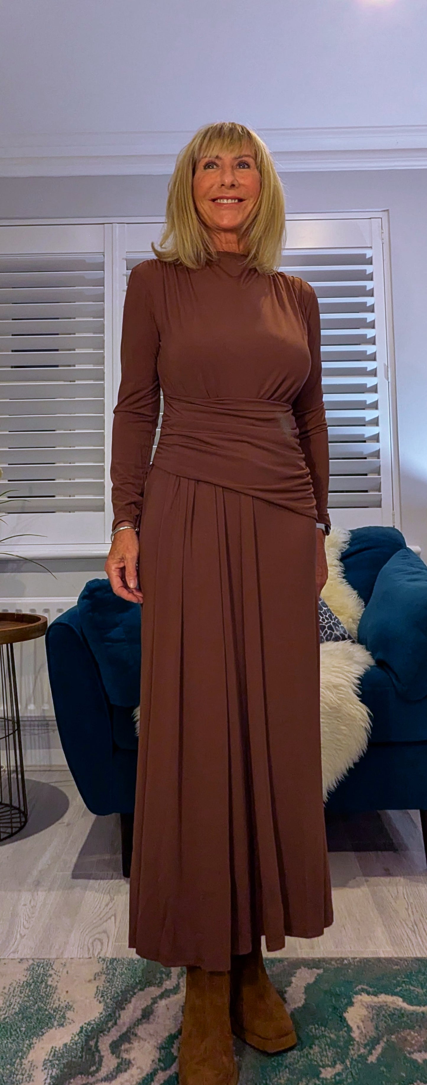Rusty Ruched Dress ,Rust with Drop Waist
