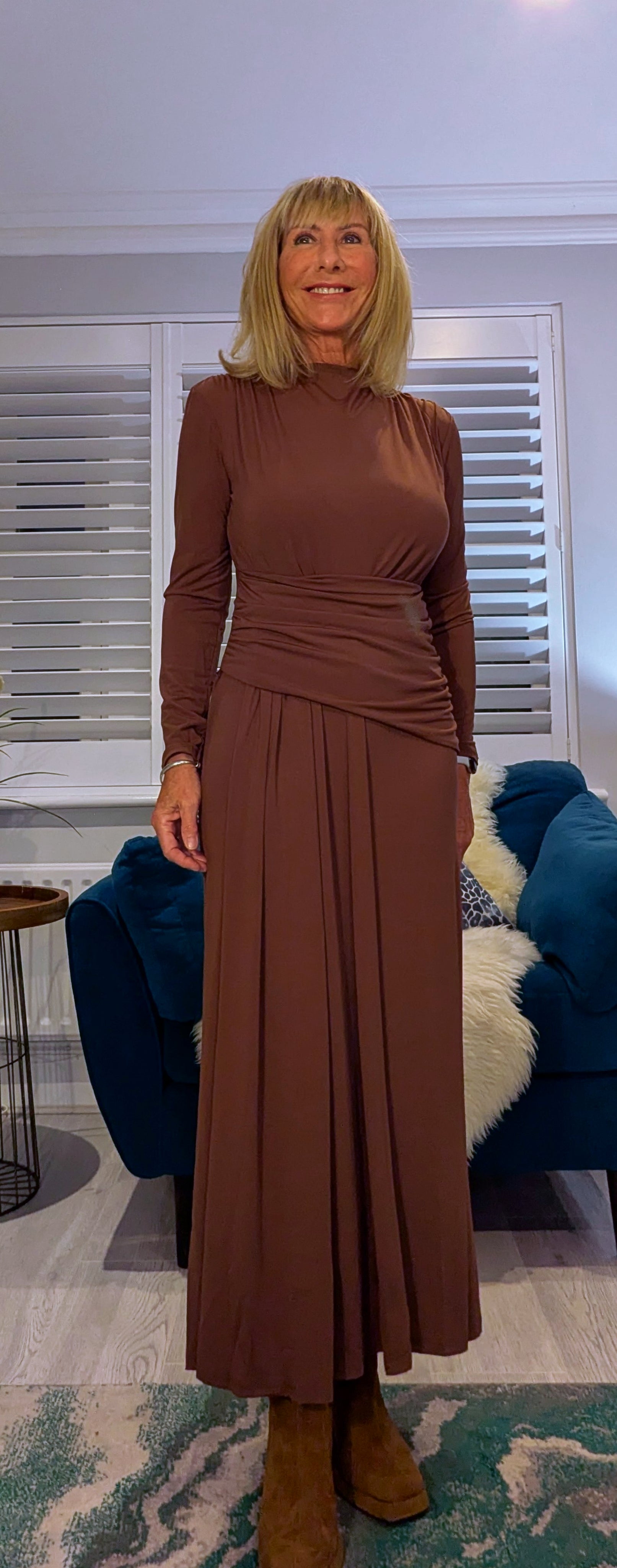 Rusty Ruched Dress ,Rust with Drop Waist