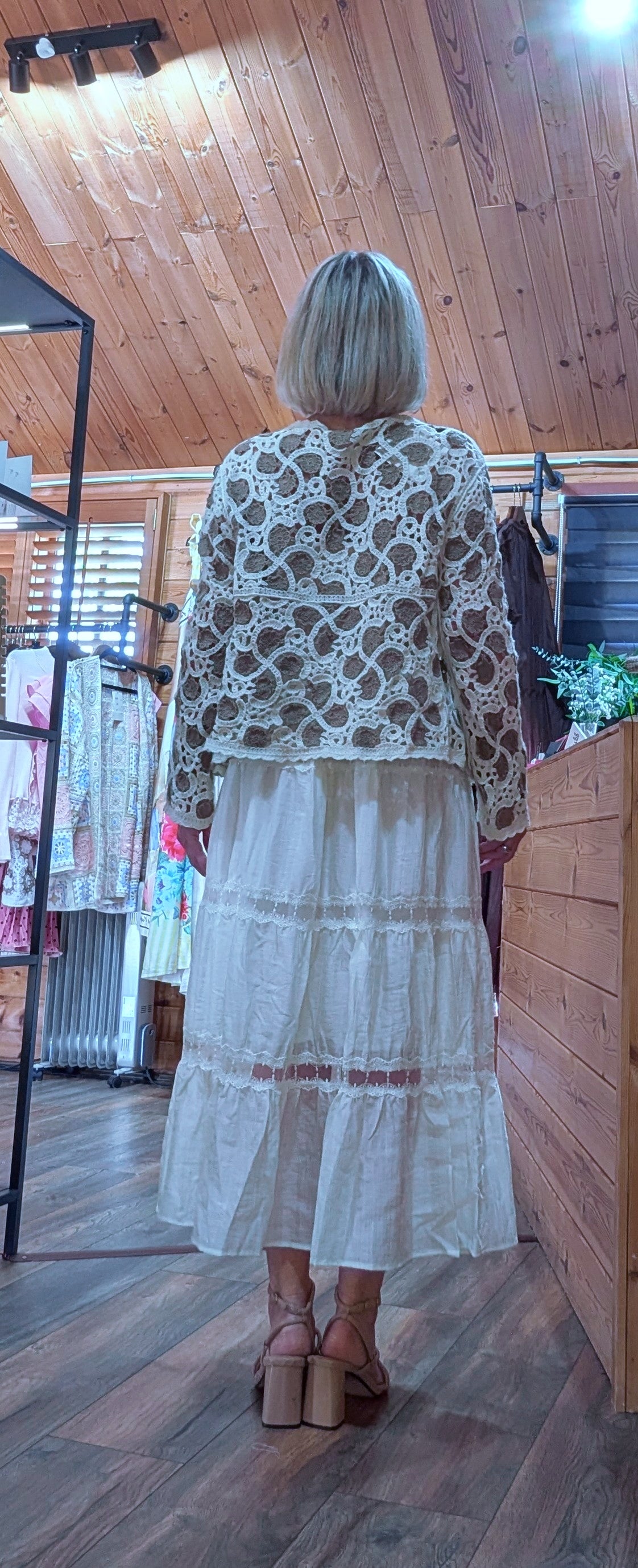 Piper Taupe Crochet Cardigan  worn with our Camilla Gypsy skirt at the back
