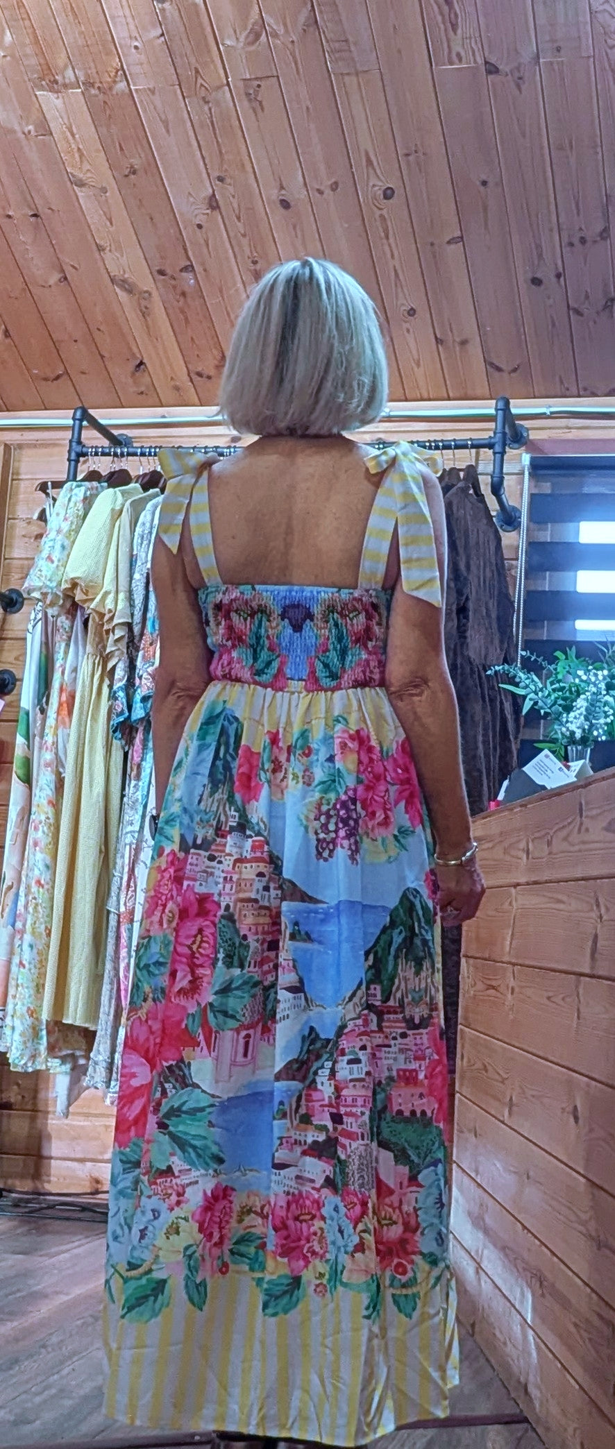 Emmy floaty polyester maxi dress available in sizes UK 8 to 12 shirred back 