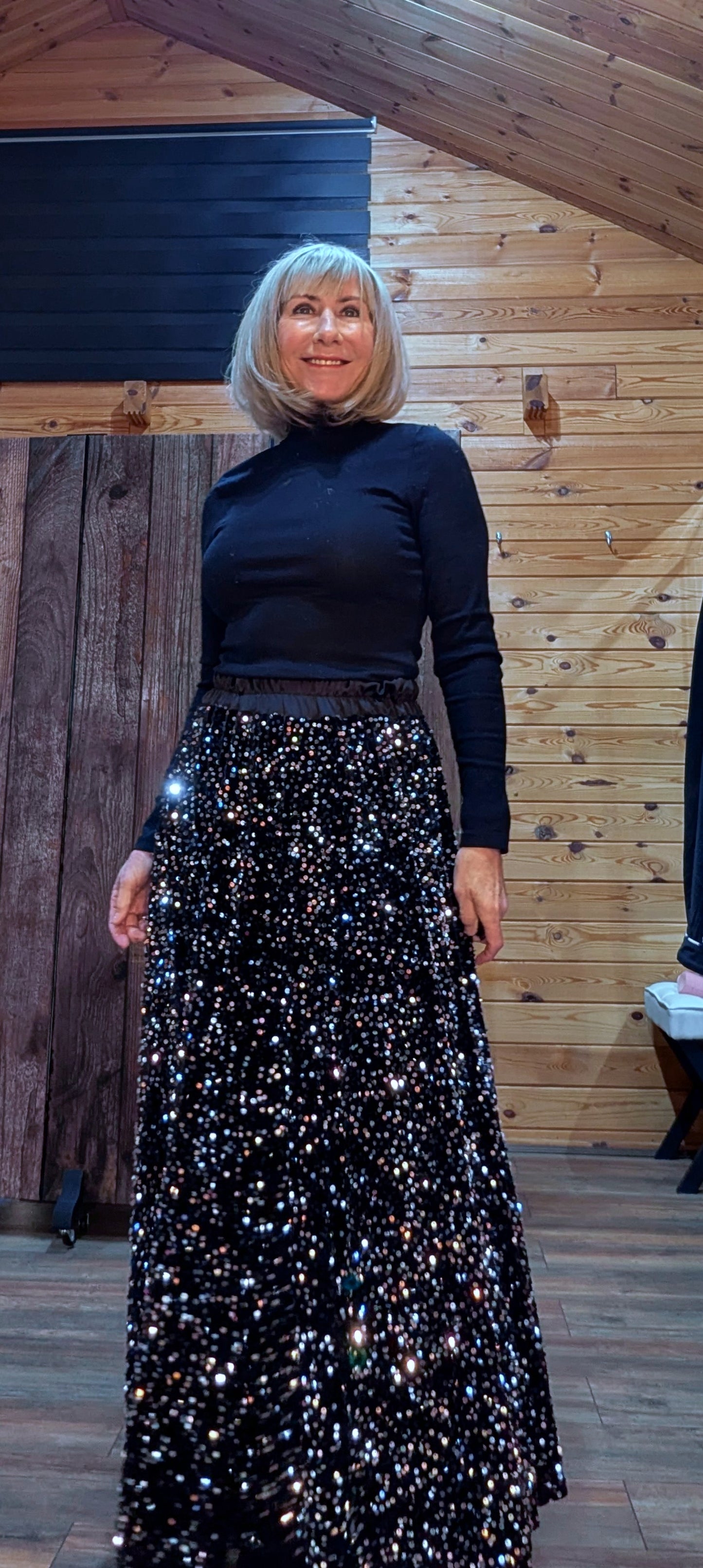 Noelle Black Sequin  Flared Skirt- Silky Elasticated Waist Band