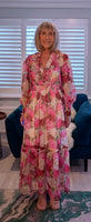 Luna Floral Crepe Maxi Dress – Pink & Green with Frill V-Neck