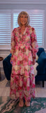 Luna Floral Crepe Maxi Dress – Pink & Green with Frill V-Neck