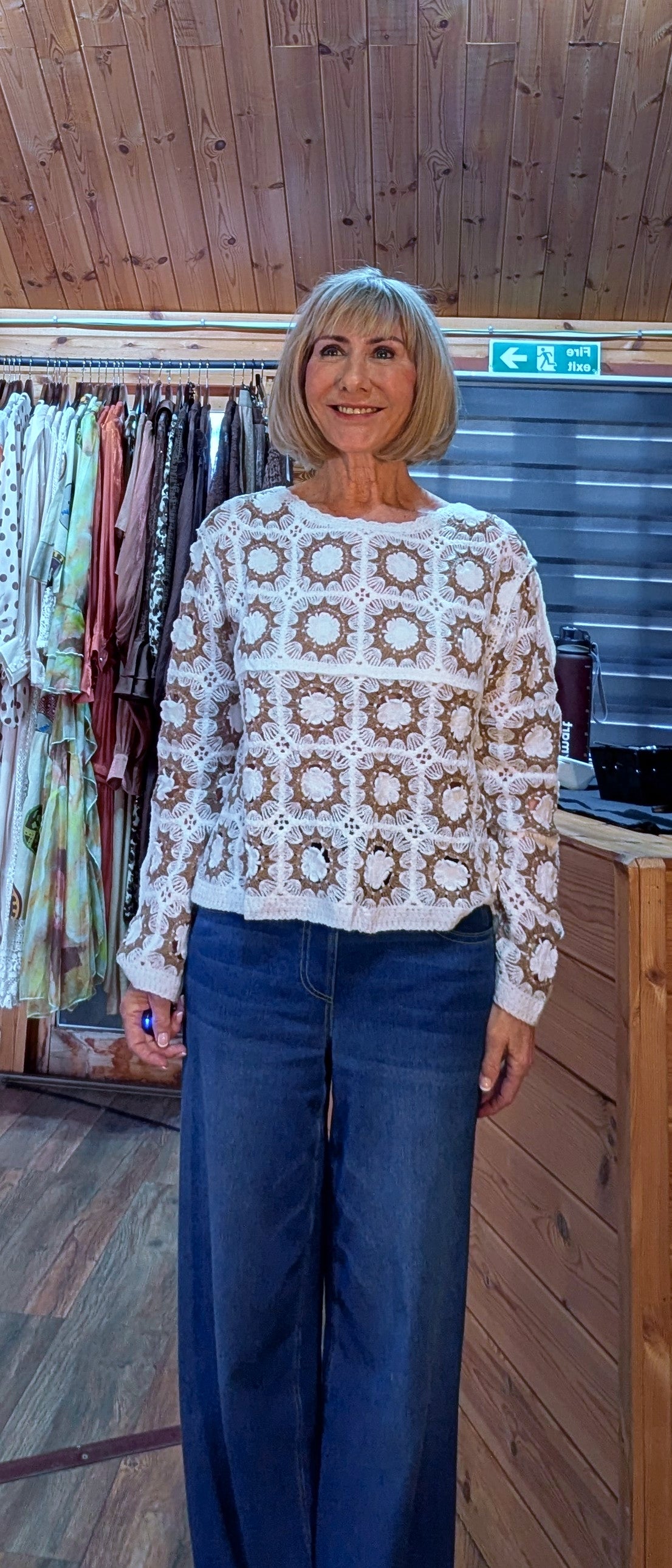 Mandy Crochet Oversized Top In Beige and white in cotton