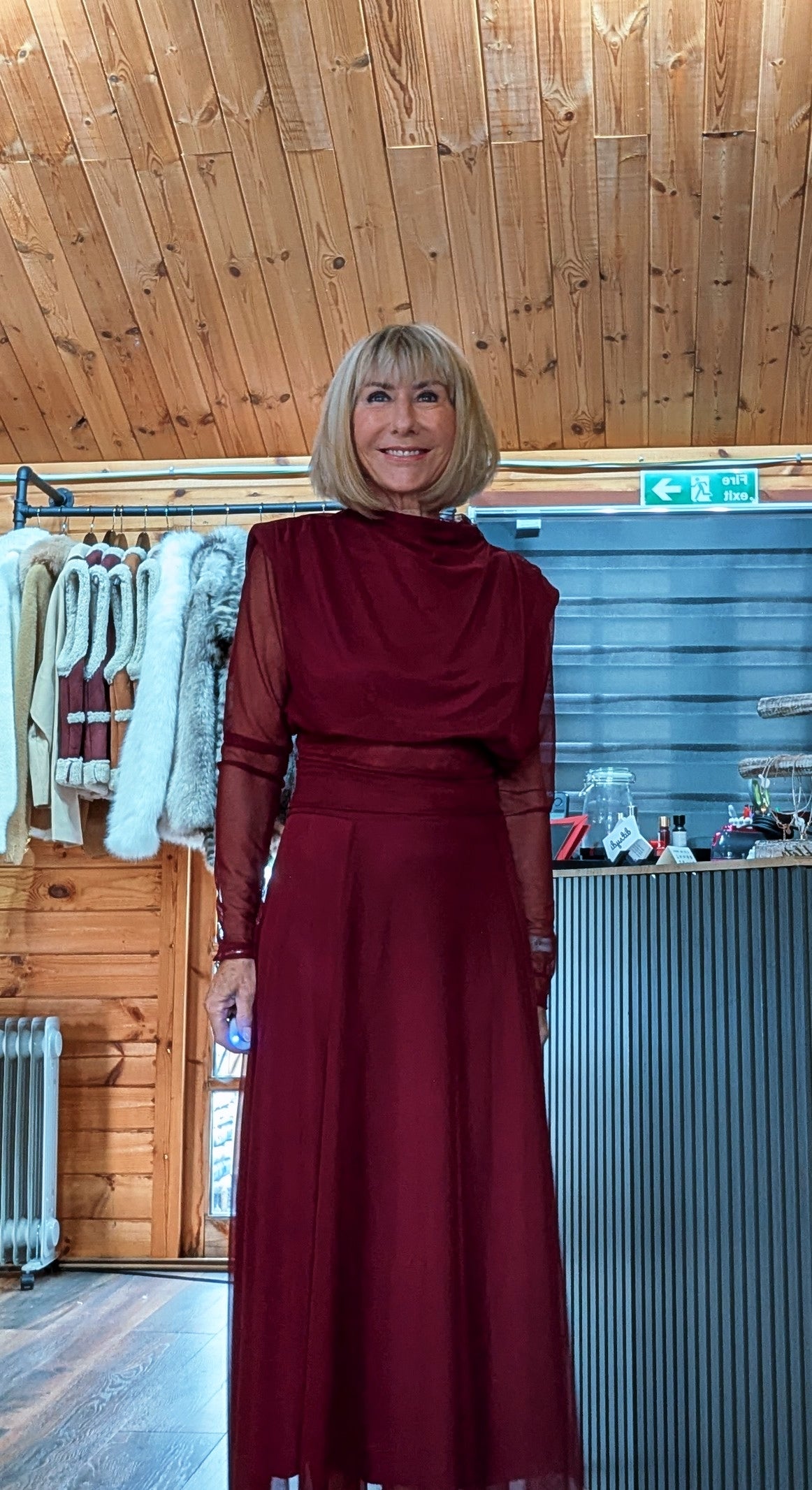 Front view of Harlow burgundy set showing the gathered draped top and matching skirt