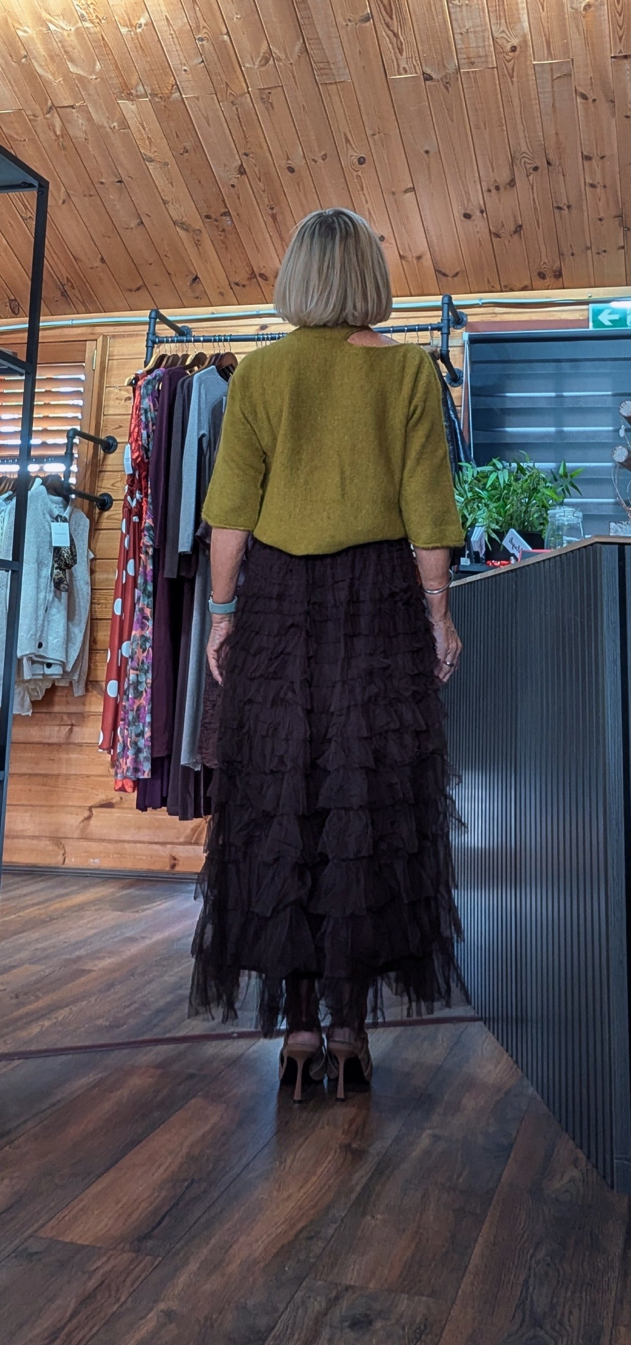 Tasha layered occasion skirt in chocolate brown view from rear