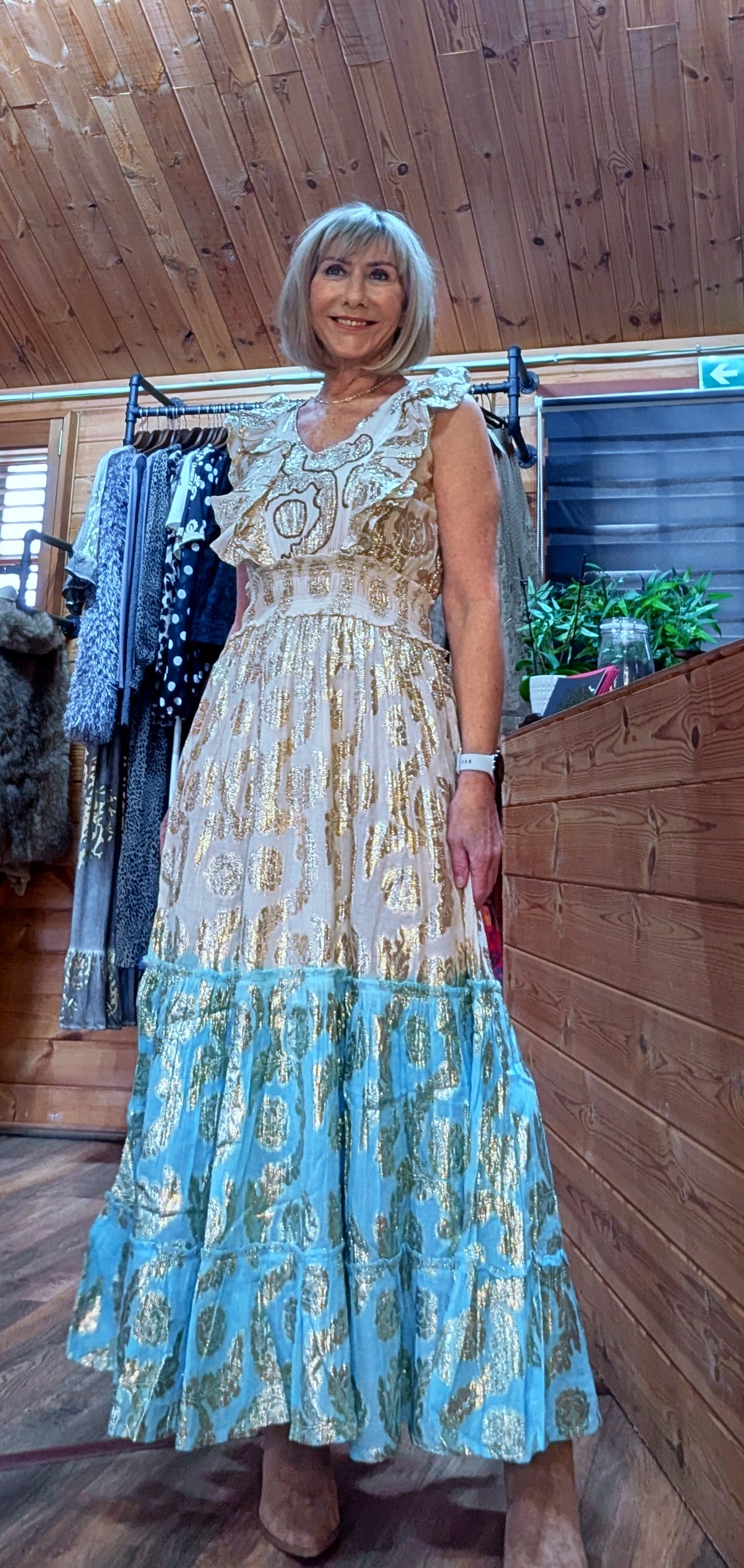Gianna Boho Maxi Embossed  Dress Turquoise Or  Gold