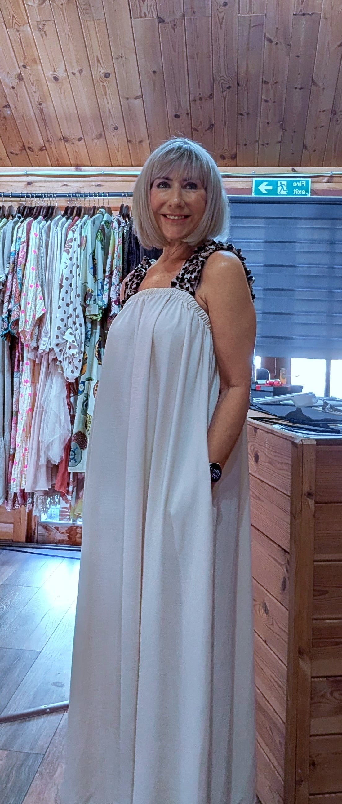 Beige floaty maxi dress with leopard print strap detail