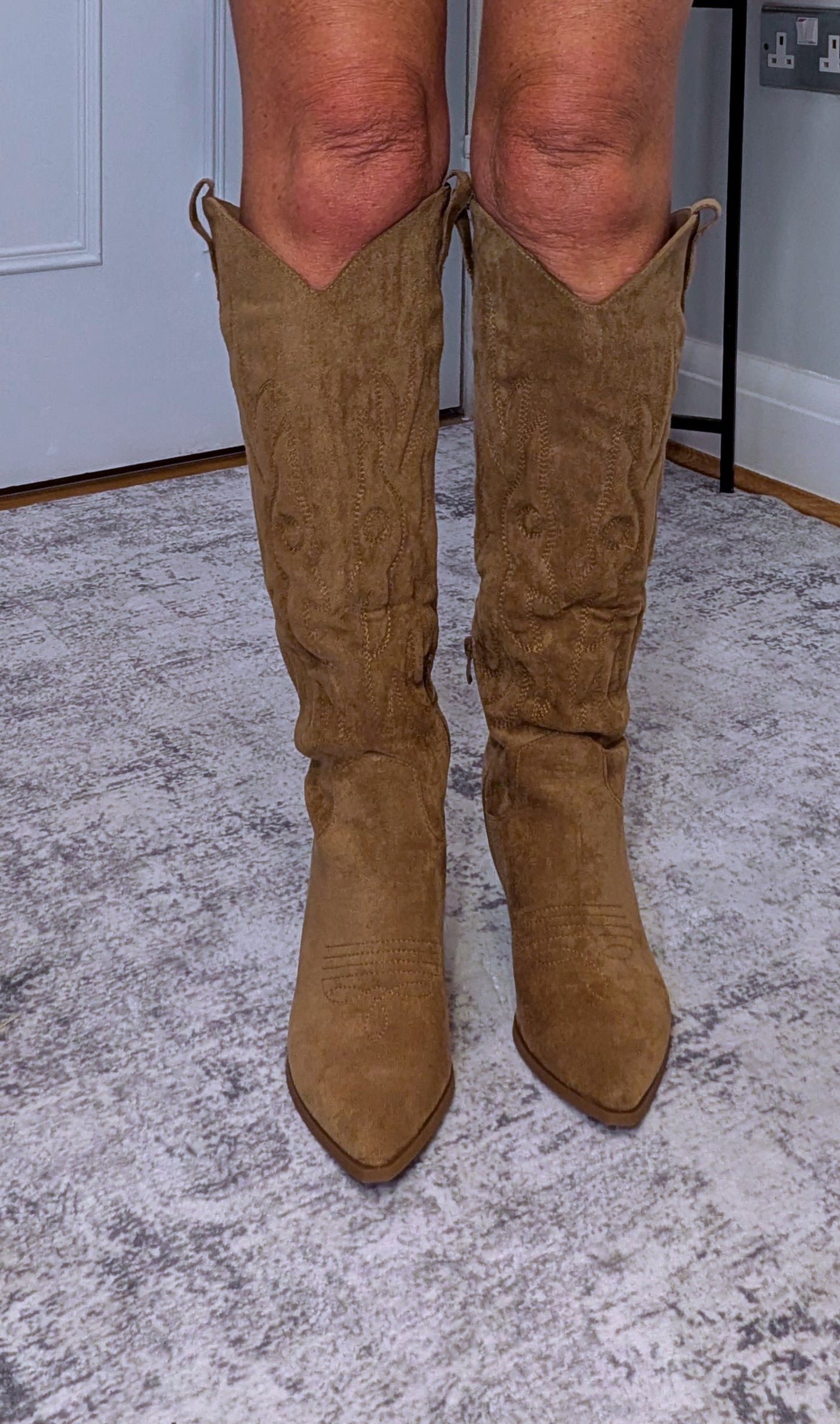 Cassidy Faux Suede Cowboy Boots – Soft Camel Western Style