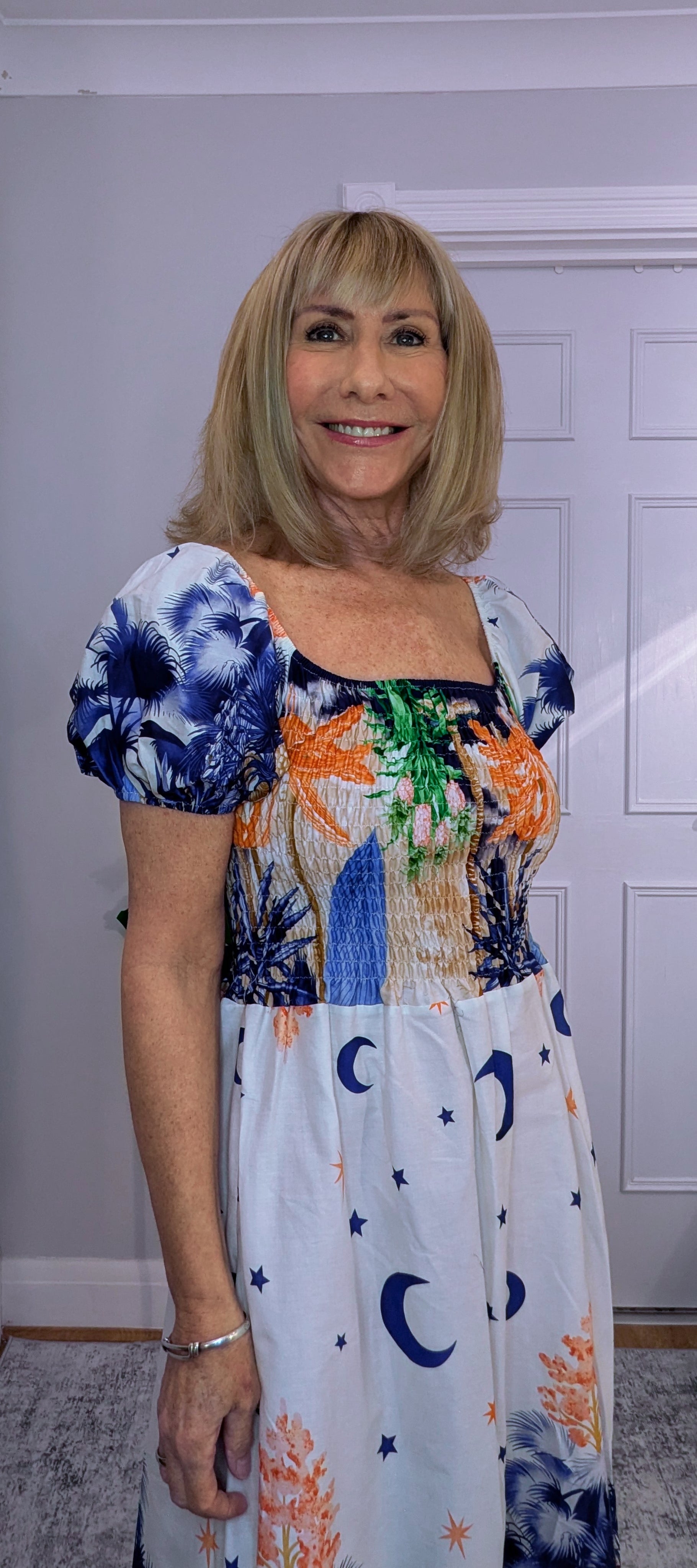 Blossom Bold Print Shirred Dresses On or Off Shoulder White