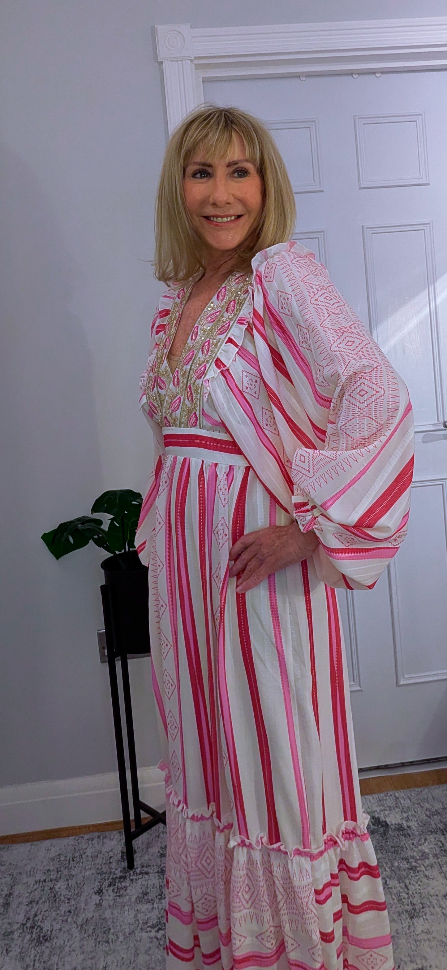 Ophelia Maxi Dress in  Pink and White with Gold Embellishment Cottage Core Style