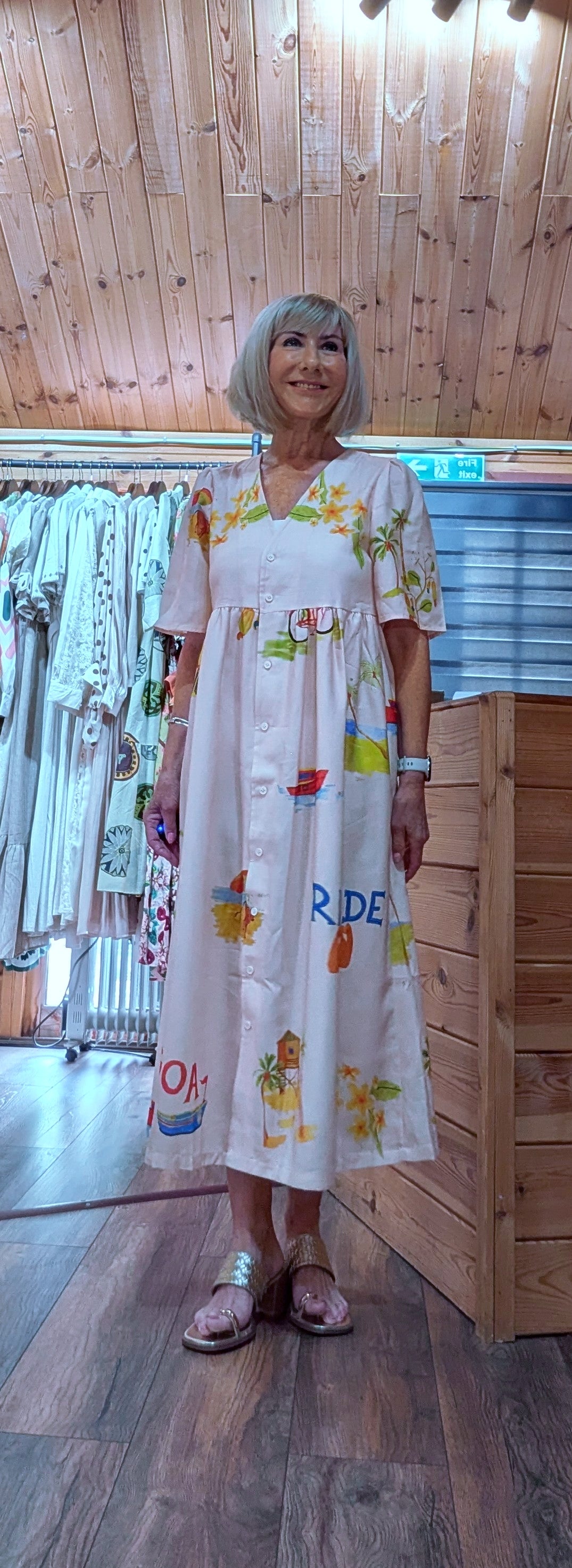 Colourful artistic print midi dress with a gathered waist