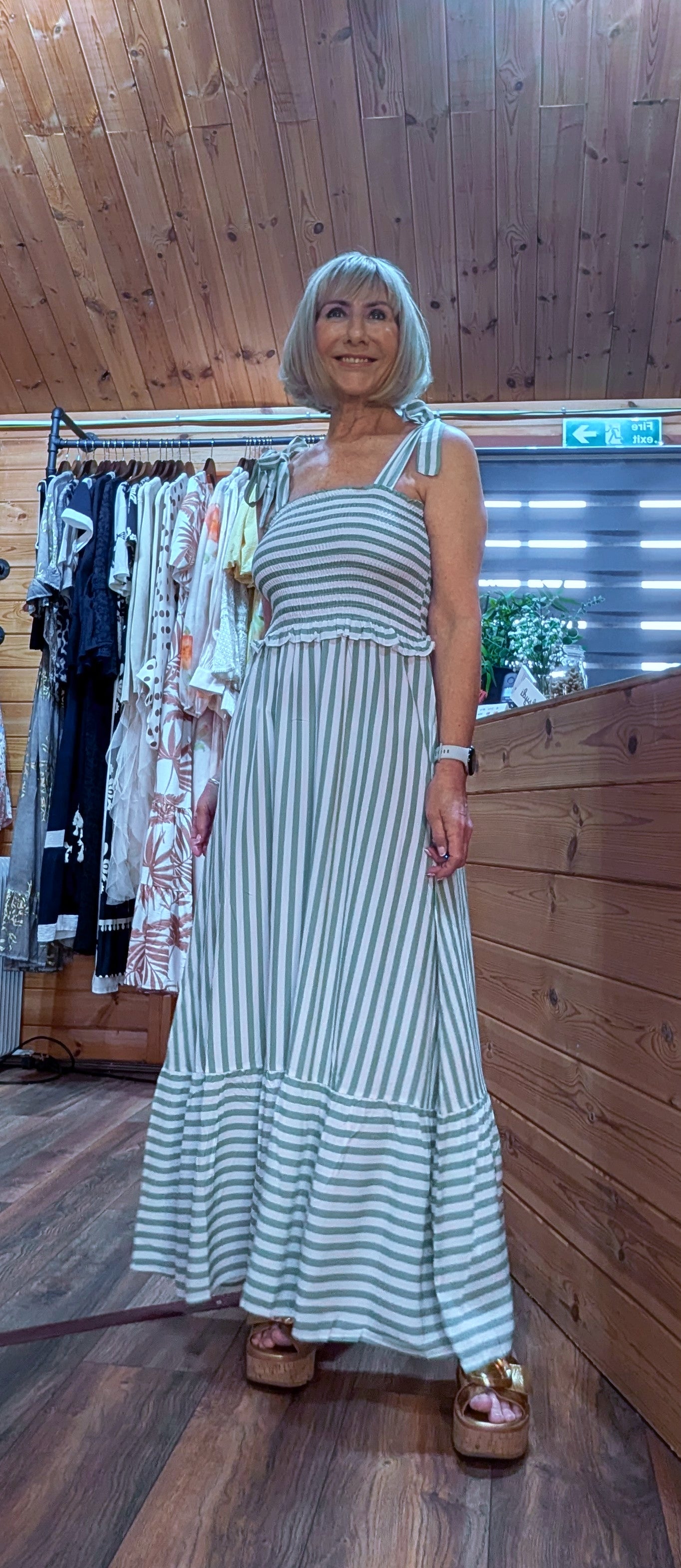 Green striped holiday dress with tie shoulder straps