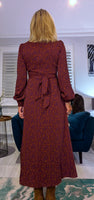 Dulcie Ditsy Floral Midi Dress – Maroon & Purple Silky Wrap