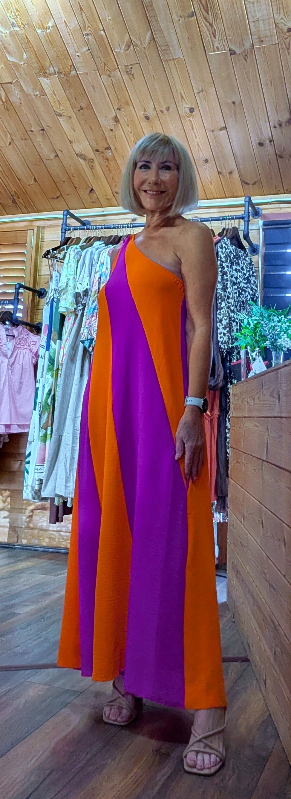 Cold shoulder magenta evening dress