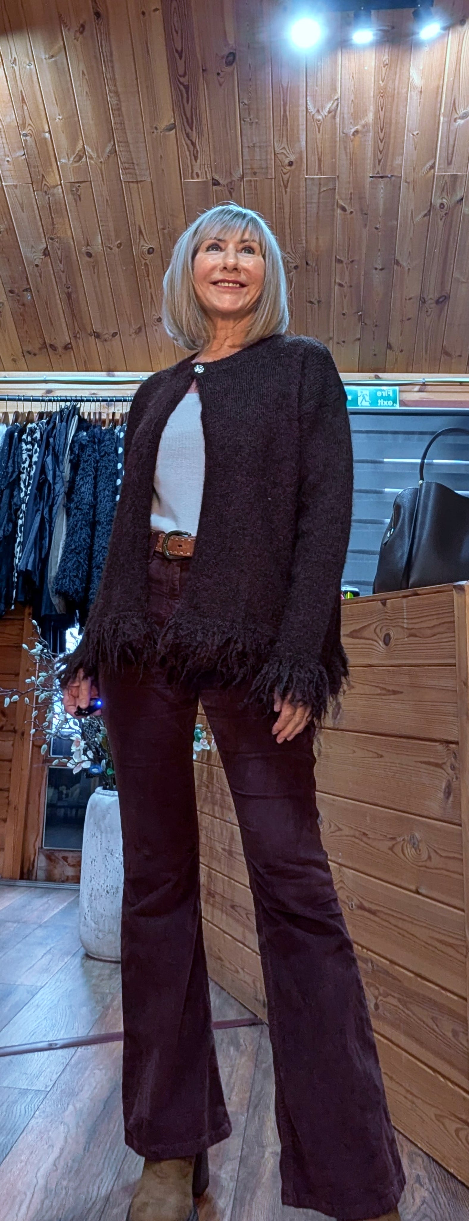 Sassy  Fringe Cuff Cardigan  in warm brown
