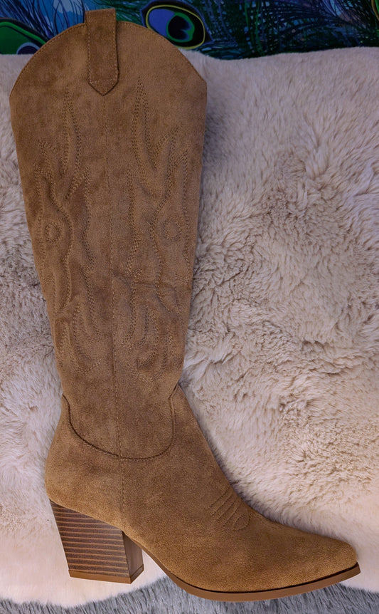 Cassidy Faux Suede Cowboy Boots in Soft Camel Western Style