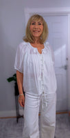 Clover White Silk Boho Blouse – Balloon Sleeves & Embroidered Floral Detail