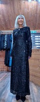 Juno Black Sequin Dress – Scoop Back with Pagoda Sleeves