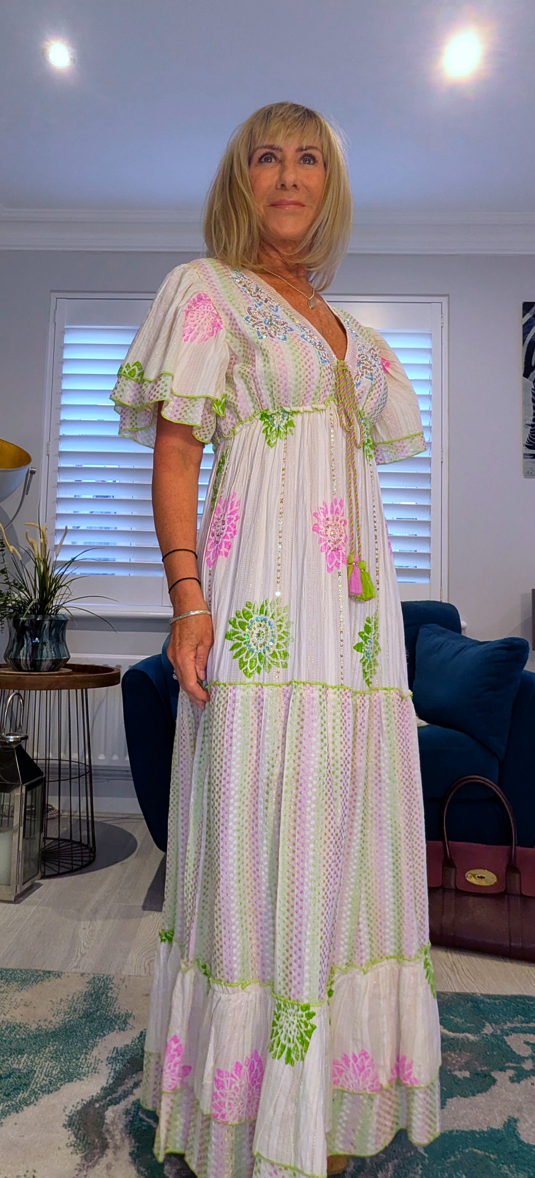 Rhea Bohemian Floral Maxi Dress In Green or Lilac Cotton