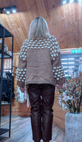 Lara Chunky Oversized Cardigan – Camel with White Embroidery Bobbles
