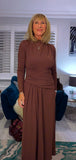 Rusty Ruched Dress – Autumnal Rust with Drop Waist & Slash Neck