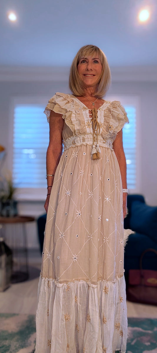 Thea Bohemian Dress in Cream and White with Tassels 