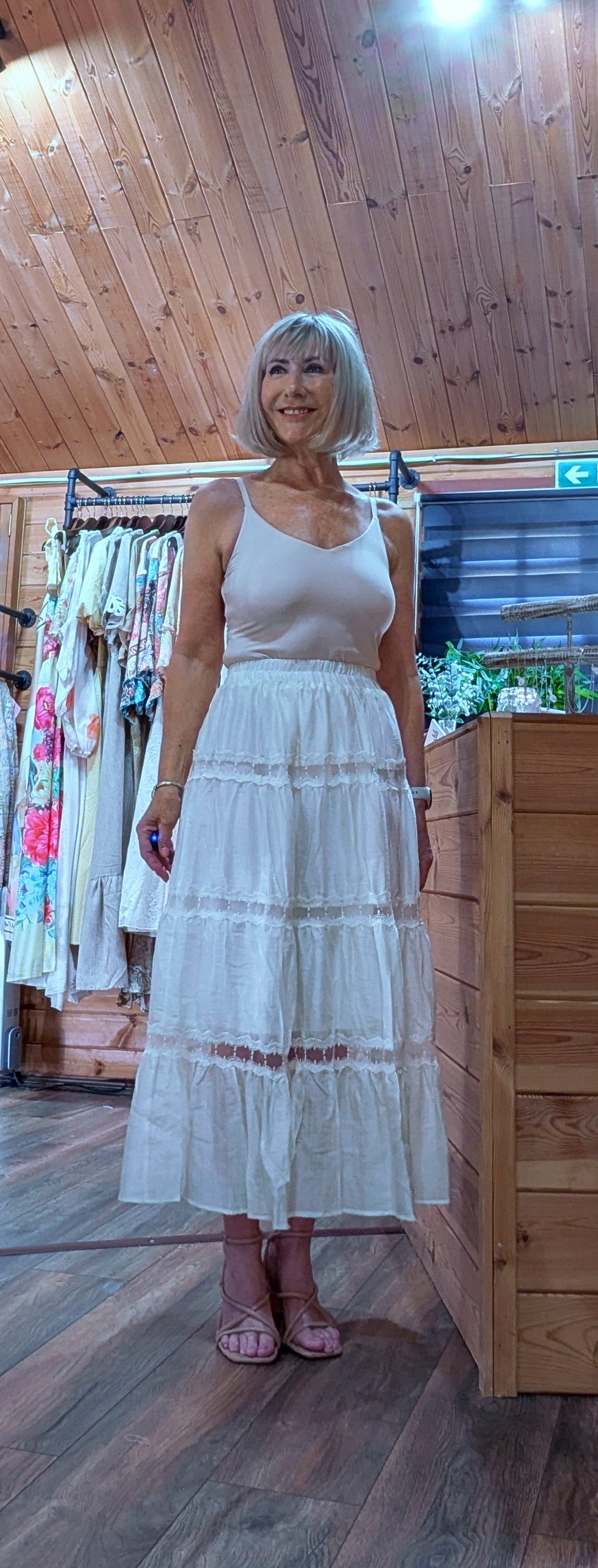 Camilla tiered summer skirt in soft ivory cotton