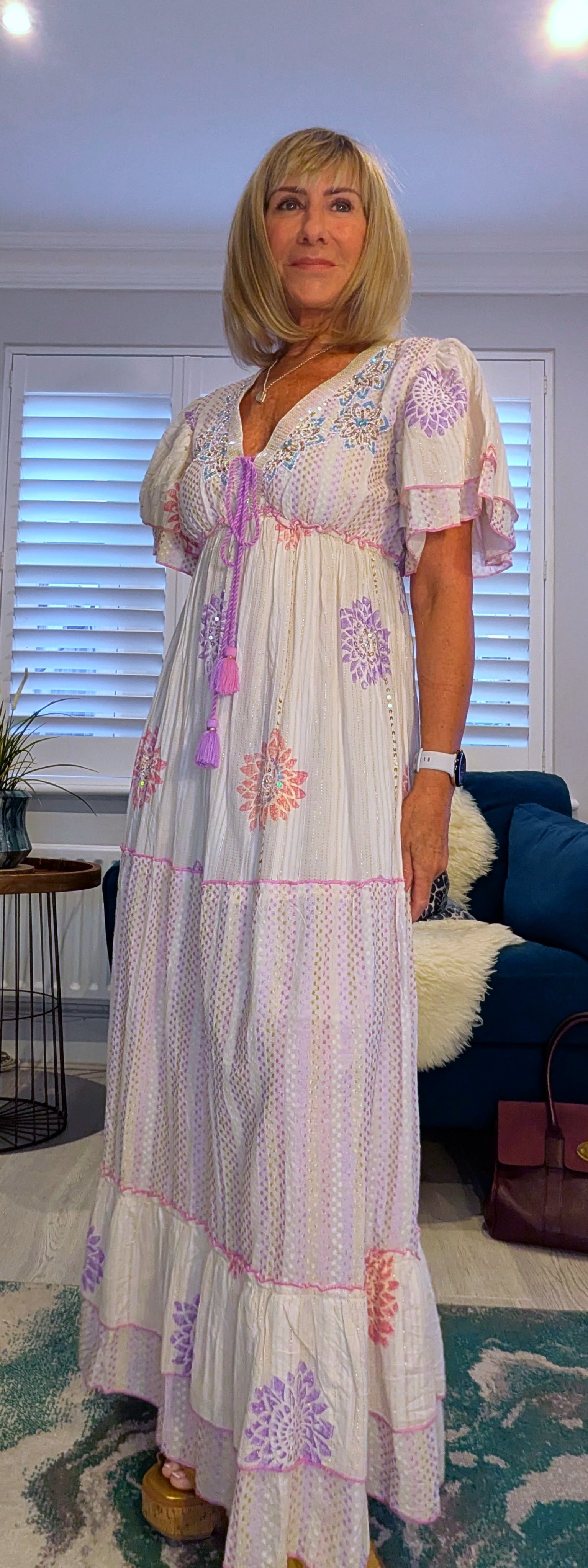 Rhea Bohemian Floral Maxi Dress In Green or Lilac Cotton