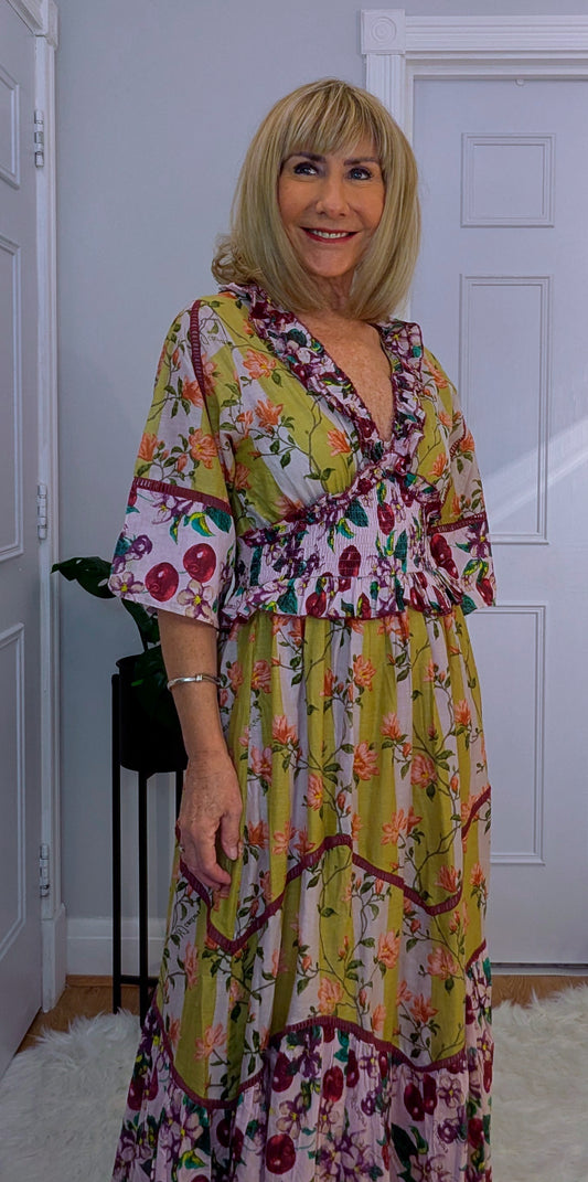 Felicity Bohemian Maxi  Dress in Maroon and Gold Shirred Waist 
