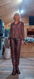 Avril Light Chocolate Embossed Blouse – V-Neck & Elasticated Cuffs