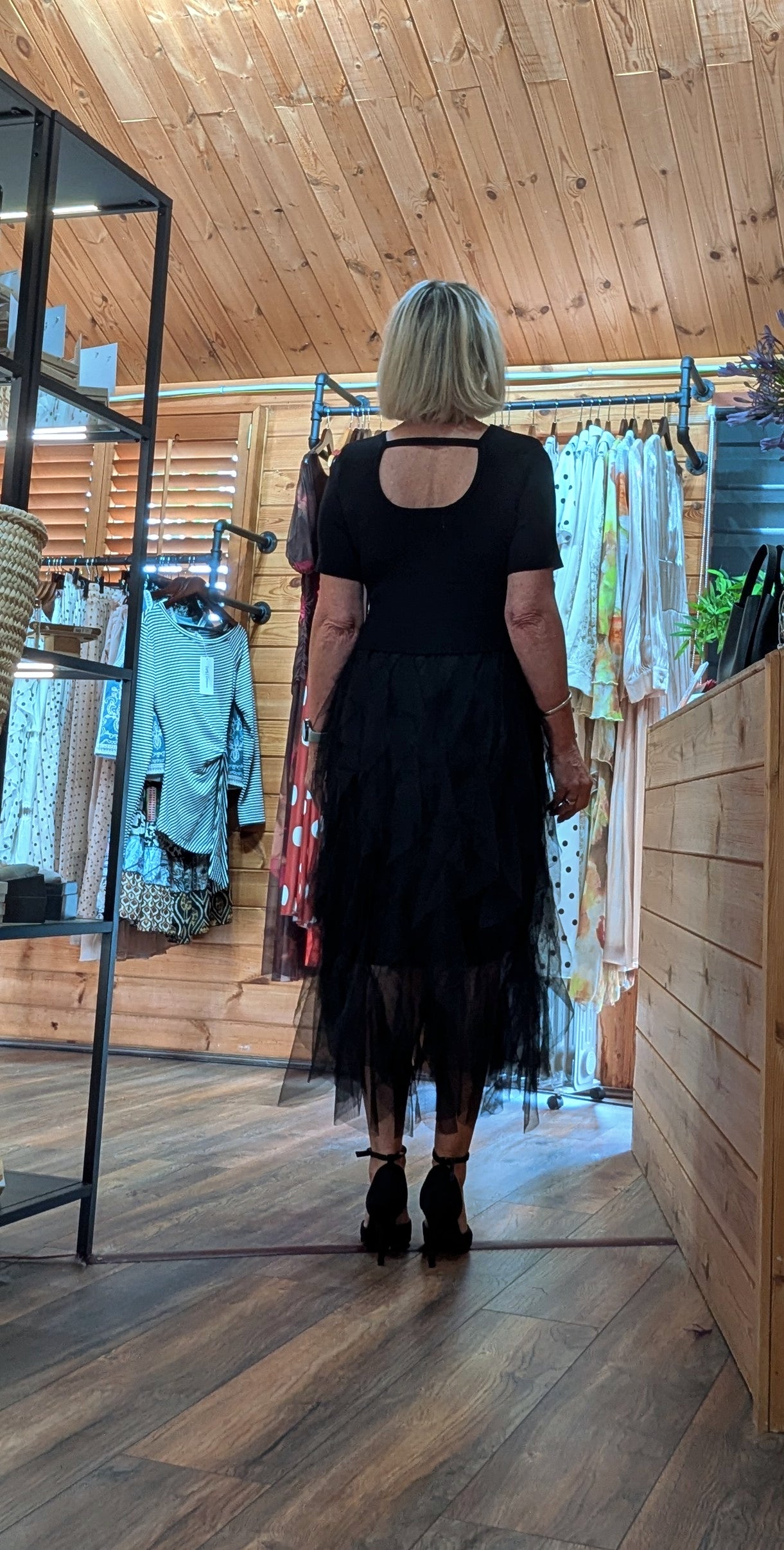 Black of Storm Tulle dress with scoop back and floaty skirt