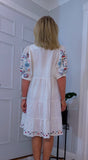 Bo Smocked Linen Cotton Dress – White with Pink & Blue Embroidery