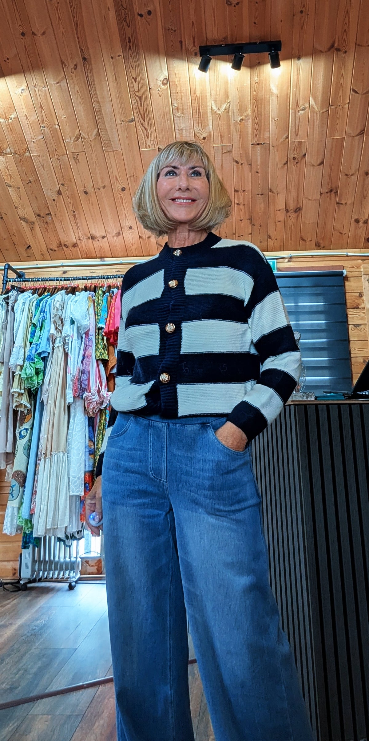 Women’s striped knitted cardigan in navy and white stripes