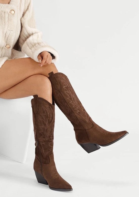 Western-style chocolate cowboy boots with inside zip